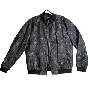 INC International Men L Black n metalic gray Tapestry‎ feel bomber jacket. Flaw!